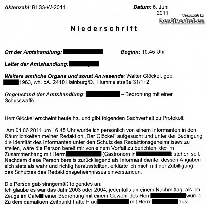 Faksimile aus der Niederschrift des Herausgebers bei der für waffenrechtliche Belange zuständigen Behörde vom 6.6.2011